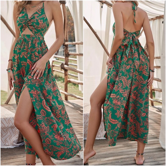 Boho Blue Floral Print Cut out Halter Maxi Dress - Picture 6 of 9